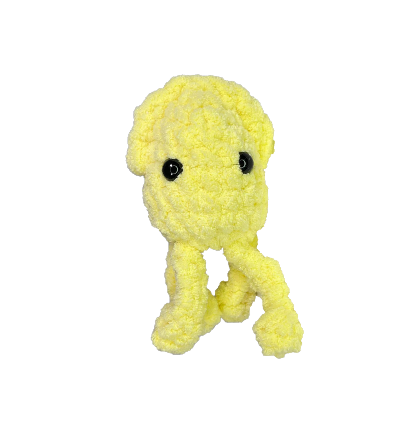 Yellow crochet squid keychain.