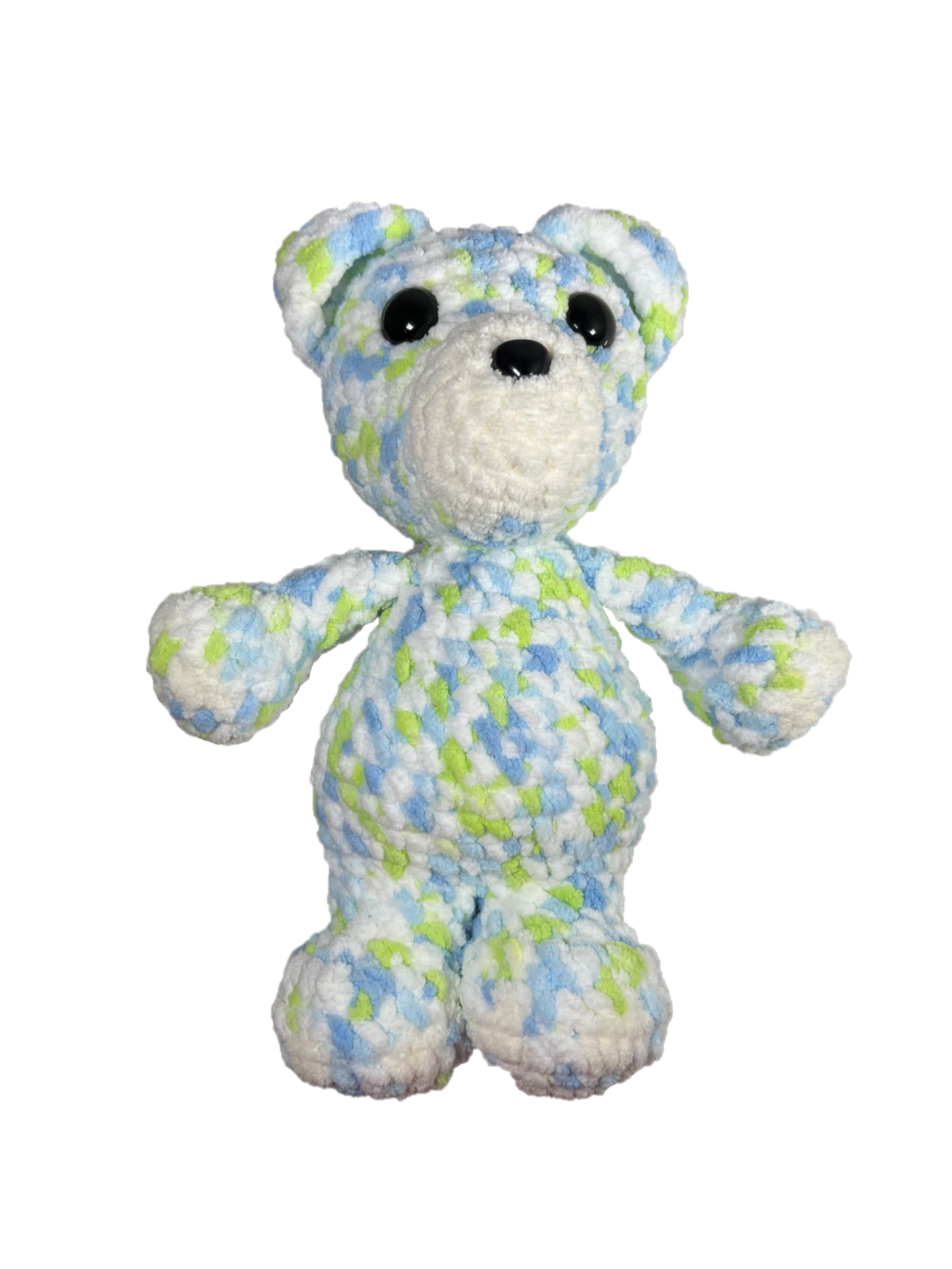 Blue green crochet bear standing.