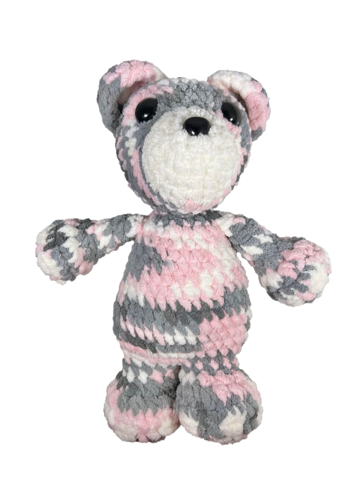 Gray pink crochet bear standing.