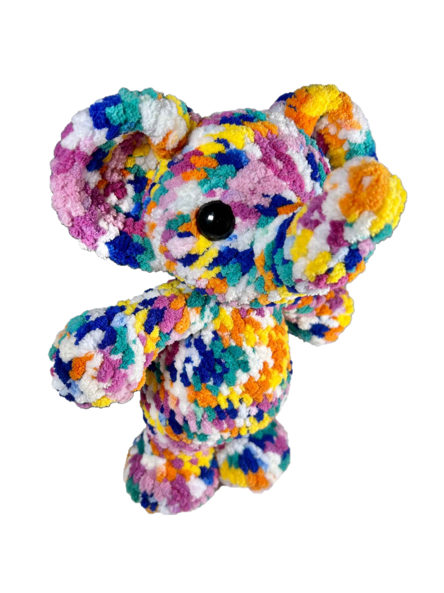 Multi colored yellow, pink, green, orange crochet elephant standing on its two hind legs.