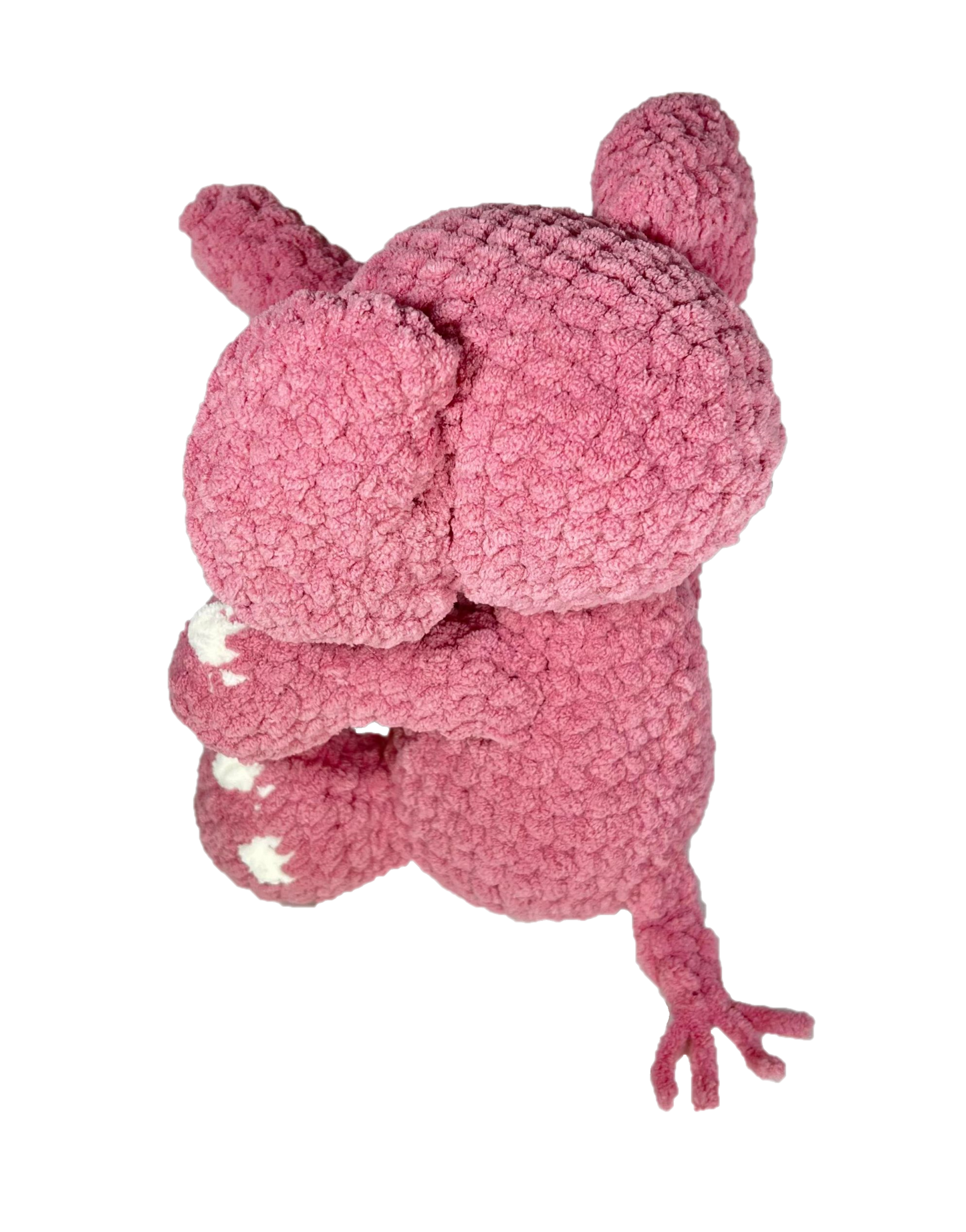 Pink crochet elephant from the backside.