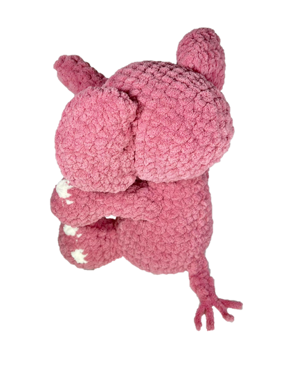 Pink crochet elephant from the backside.