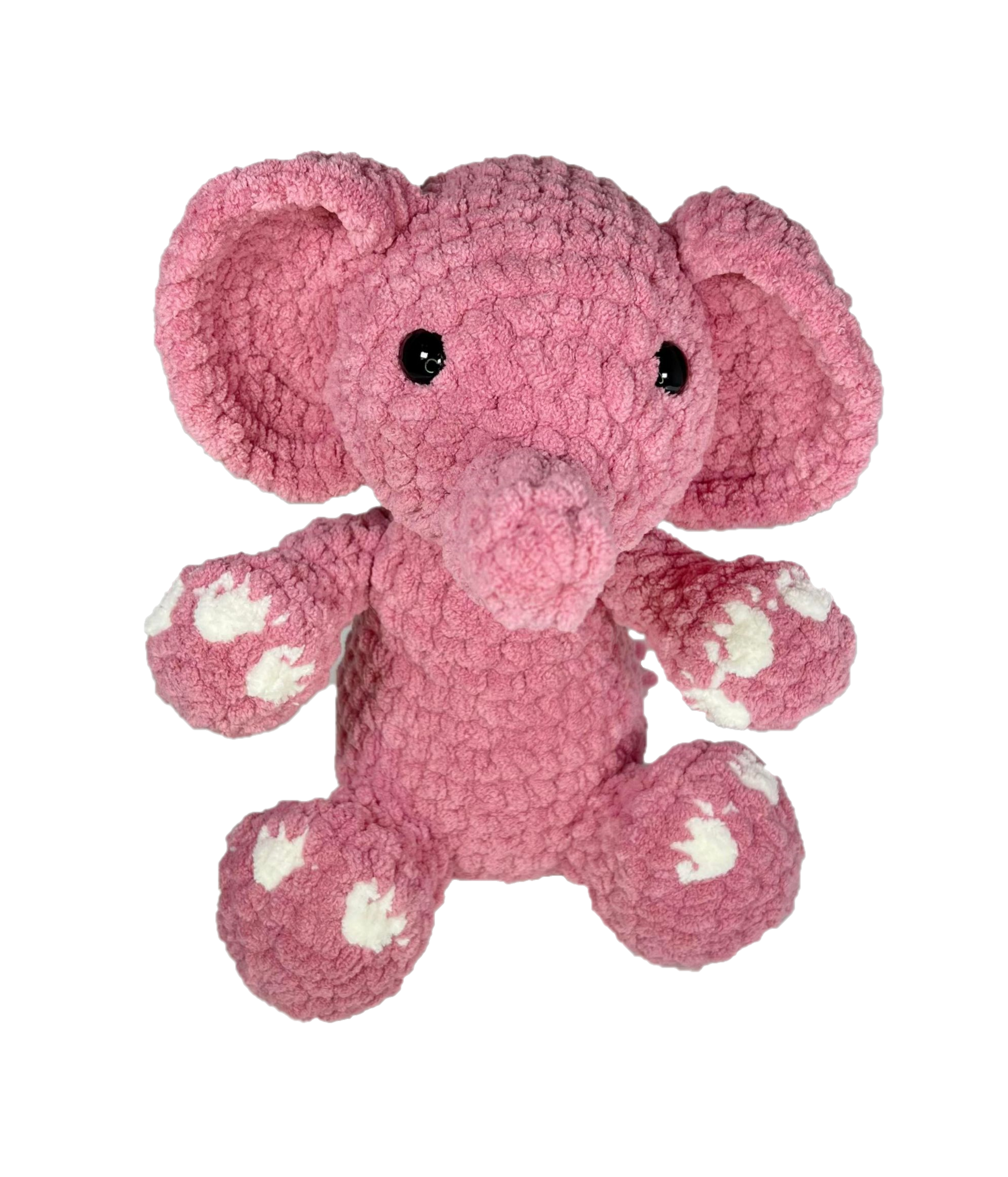 Pink crochet elephant from the front.