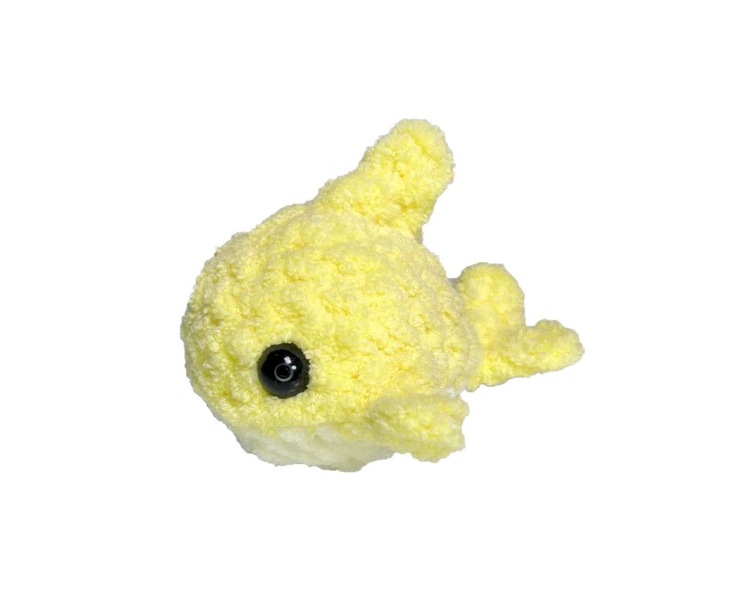 Yellow crochet shark keychain.