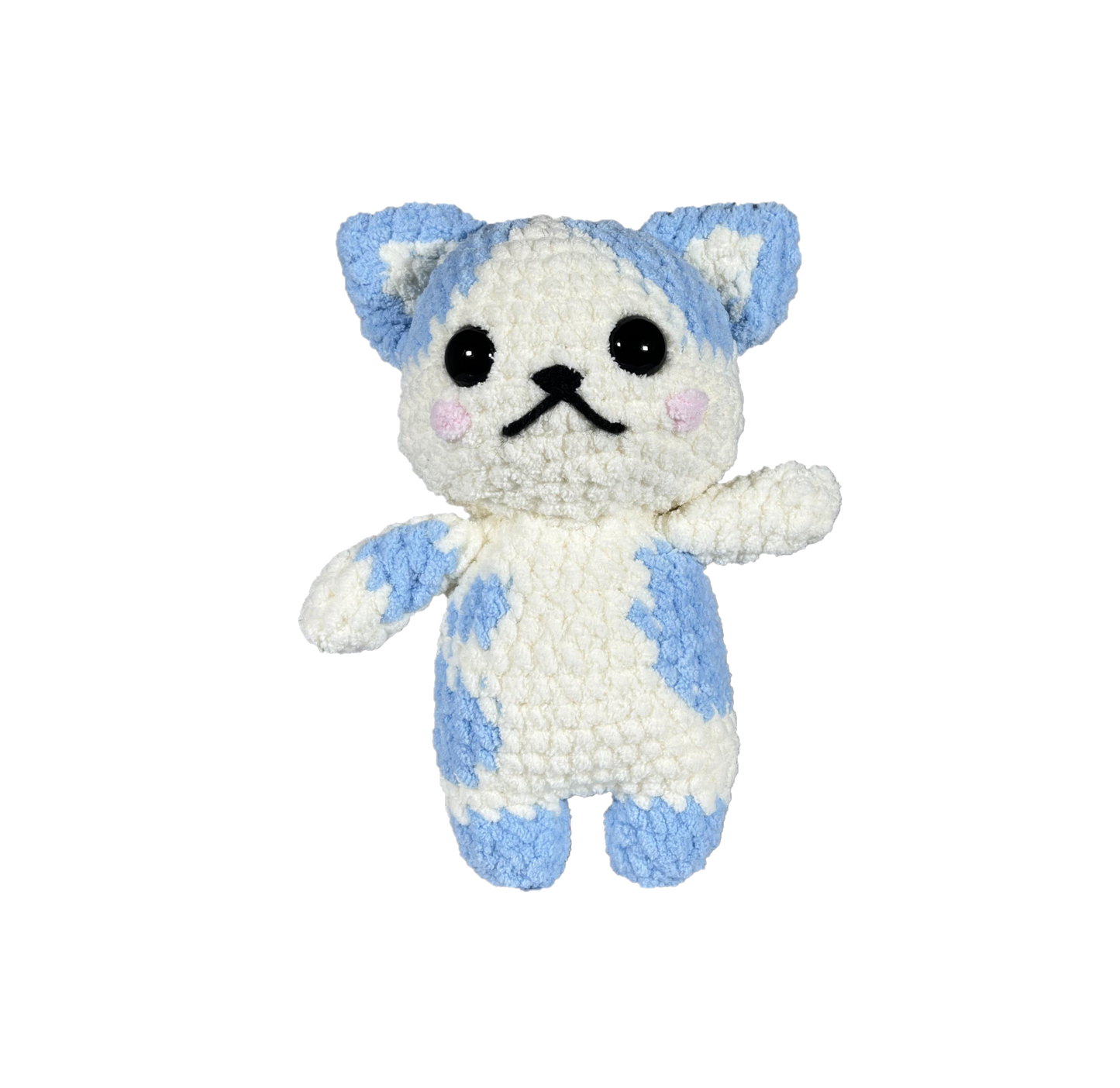 Blue and white crochet cat standing on 2 legs facing forward.