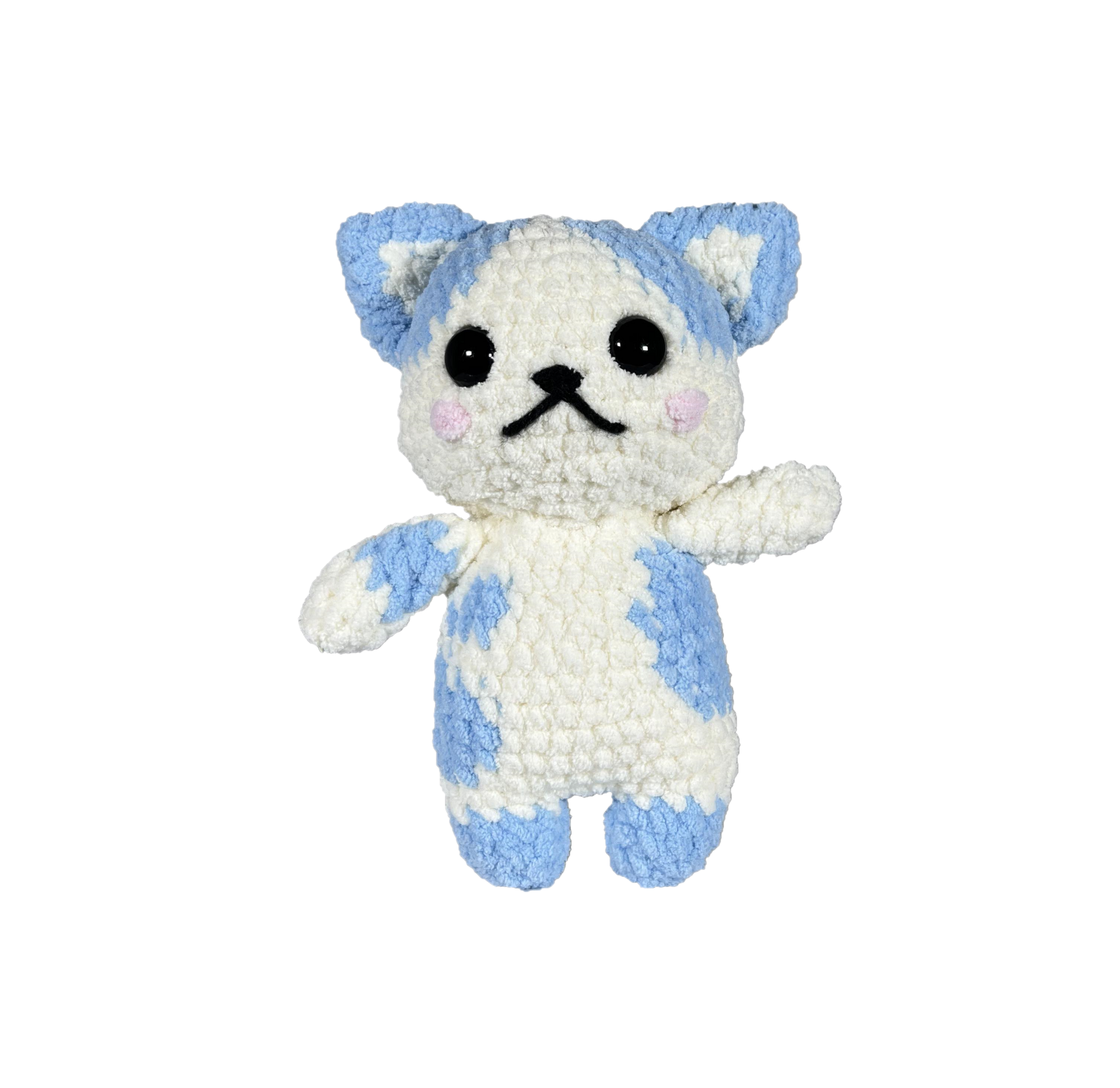 Blue and white crochet cat standing on 2 legs facing forward.