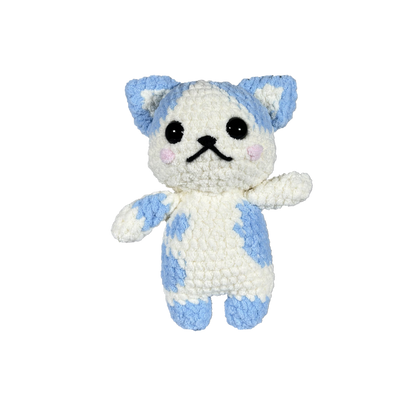 Blue and white crochet cat standing on 2 legs facing forward.