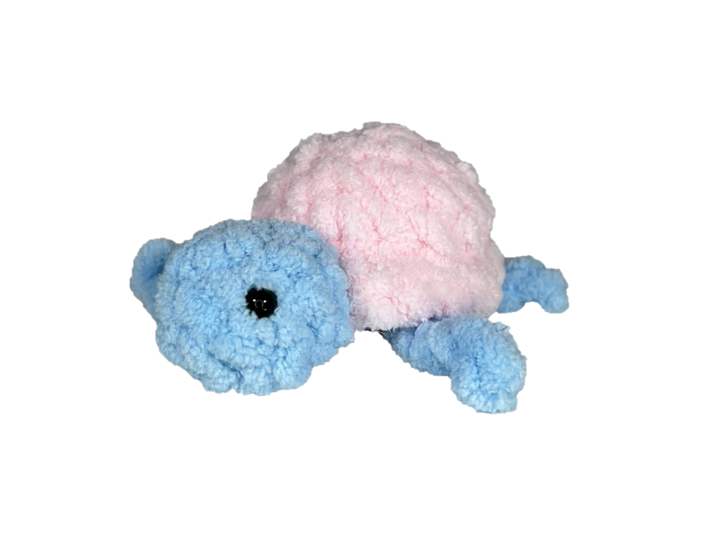 Blue crochet turtle with a pink shell.