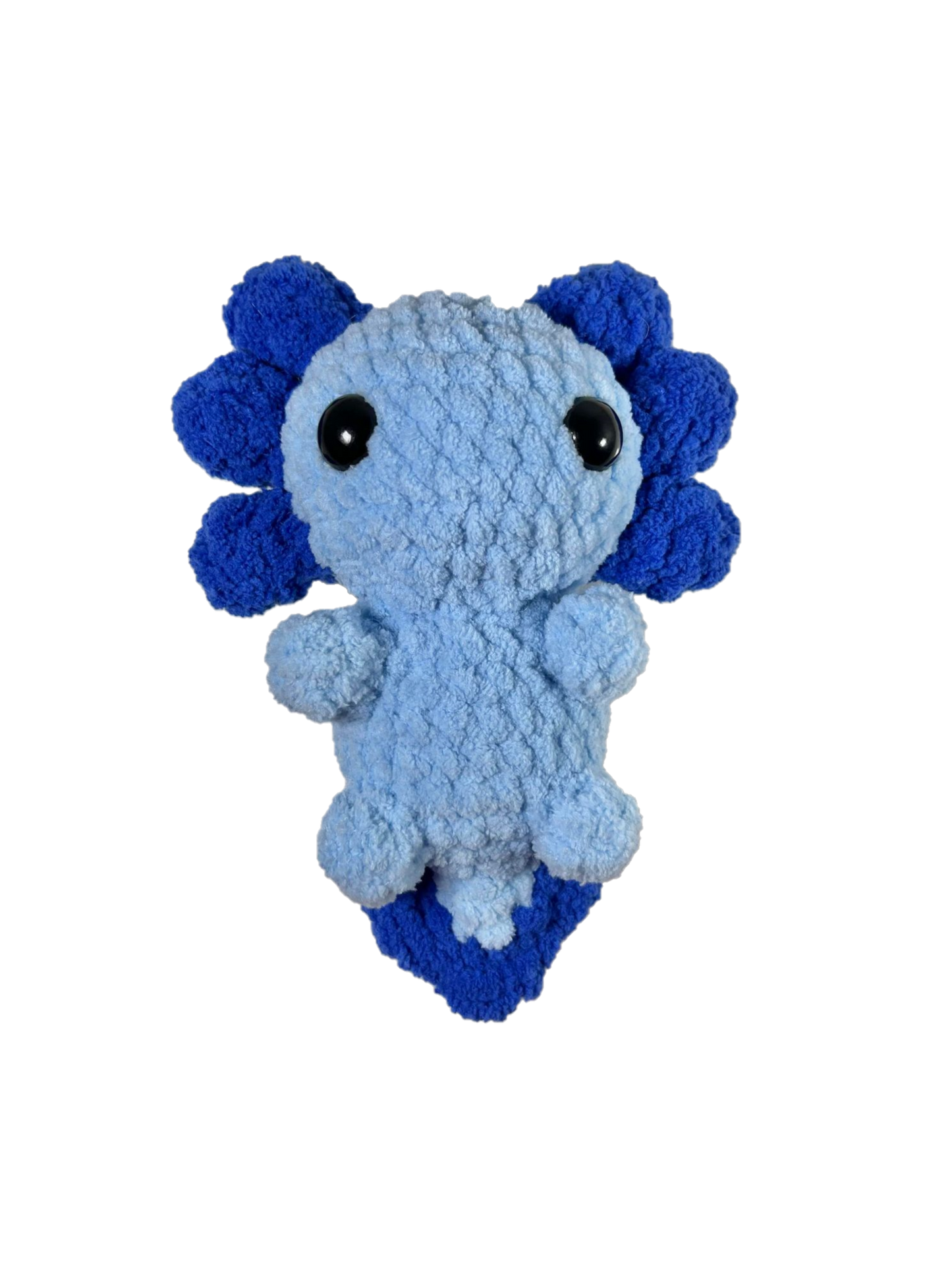 Blue crochet axolotl with white background.