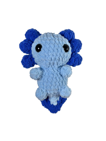 Blue crochet axolotl with white background.