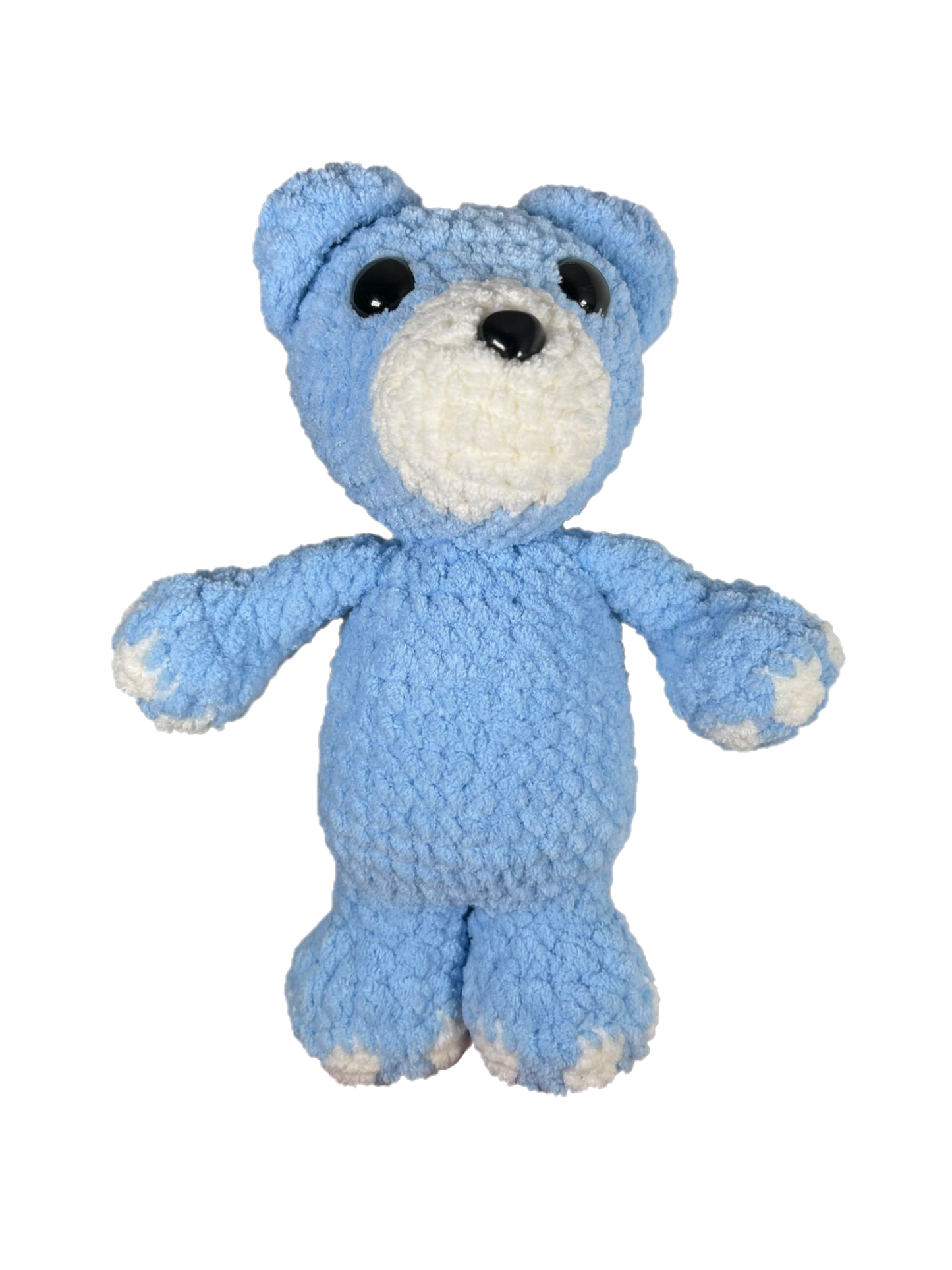 Blue crochet bear standing.