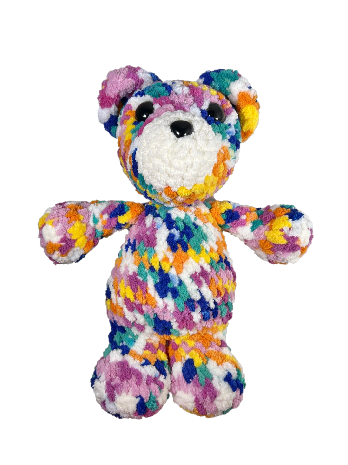 Colorful fruit blended tutti frutti crochet bear standing.
