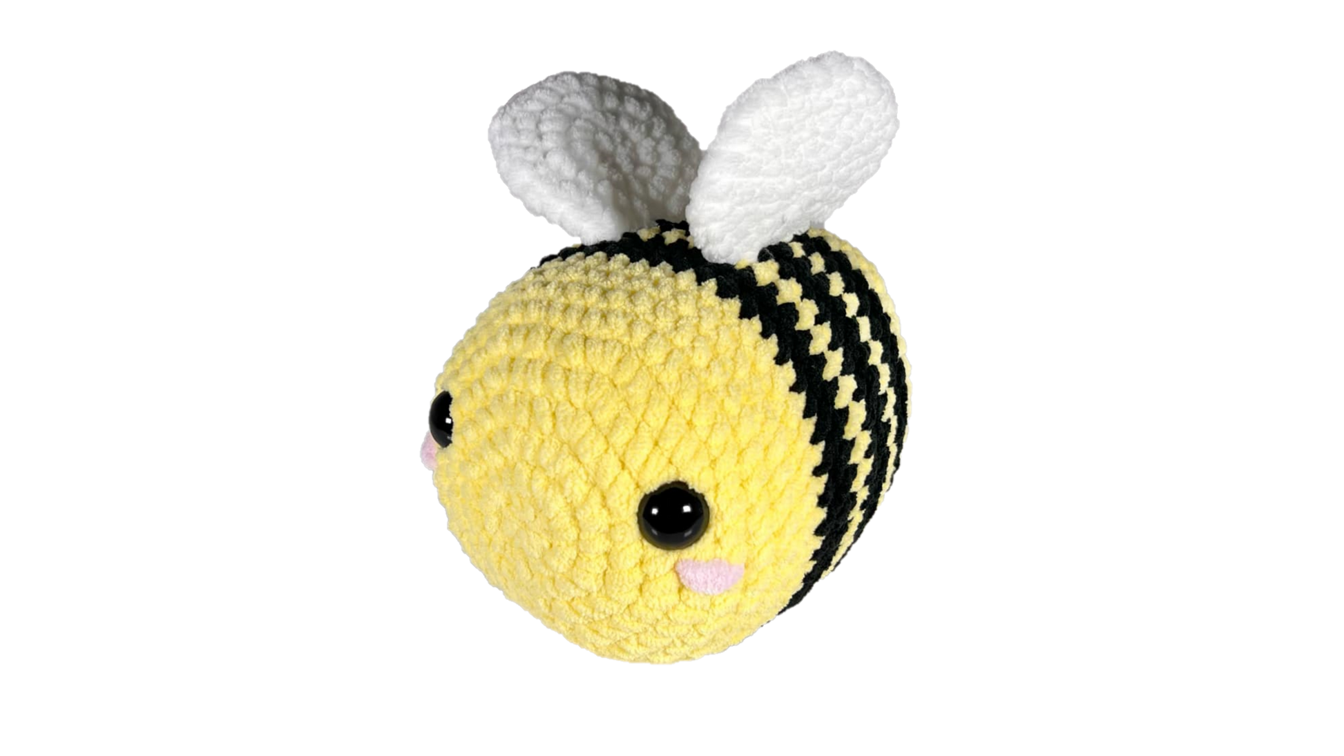 Huge yellow crochet bee with three black stripes and pink rosey cheeks.