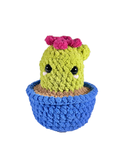 Crochet cactus plushie in a blue pot plushie with a pink crochet flower on top.