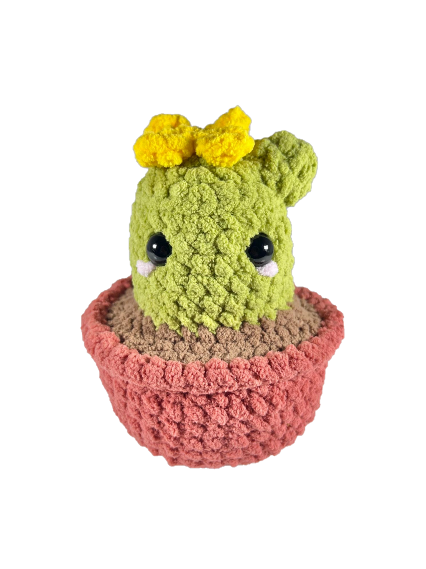 Crochet cactus plushie in a brown pot plushie with a yellow crochet flower on top.