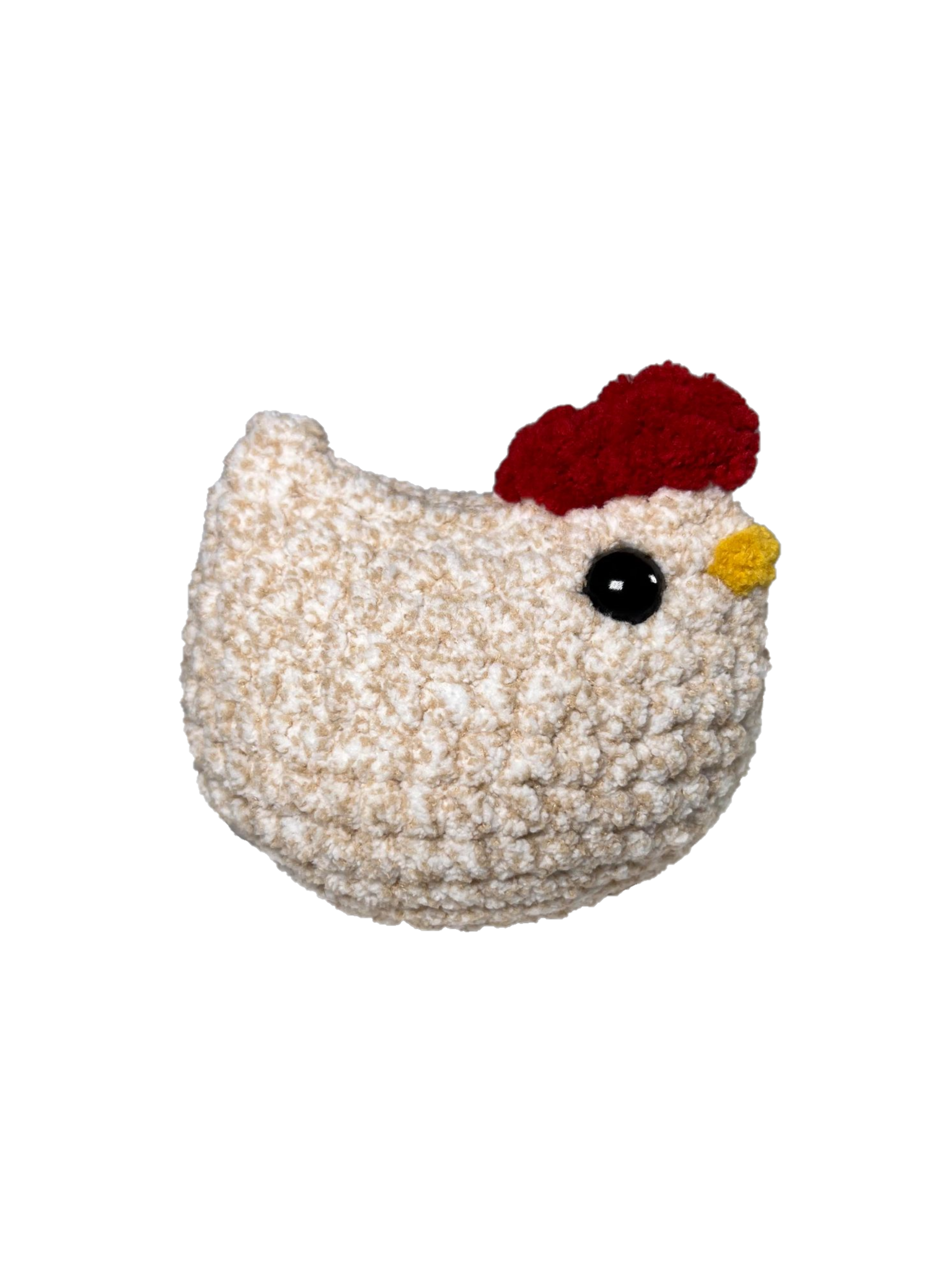 Speckled brown, and white crochet chicken.