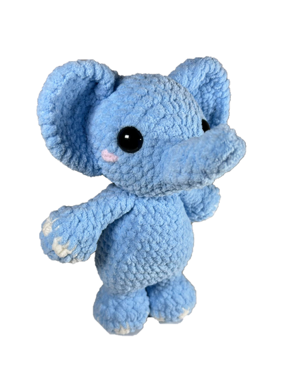 Blue crochet elephant standing on its two hind legs.