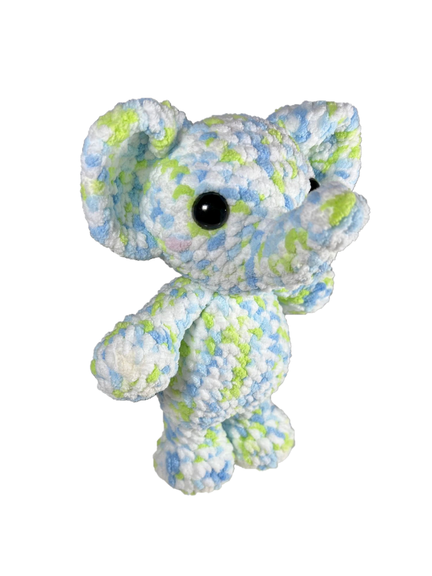 Blue green crochet elephant standing on its two hind legs.