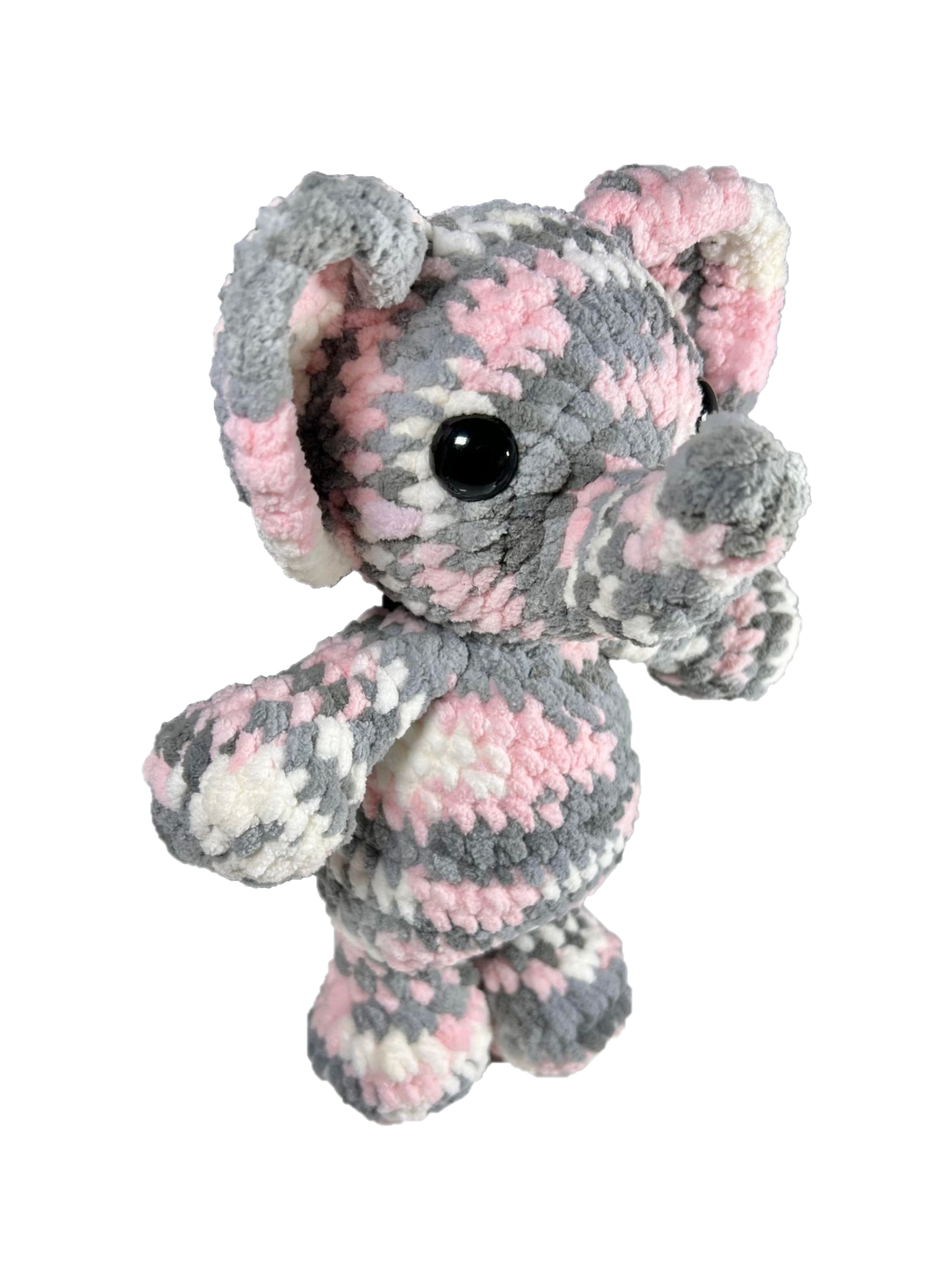 Gray pink crochet elephant standing on its two hind legs.