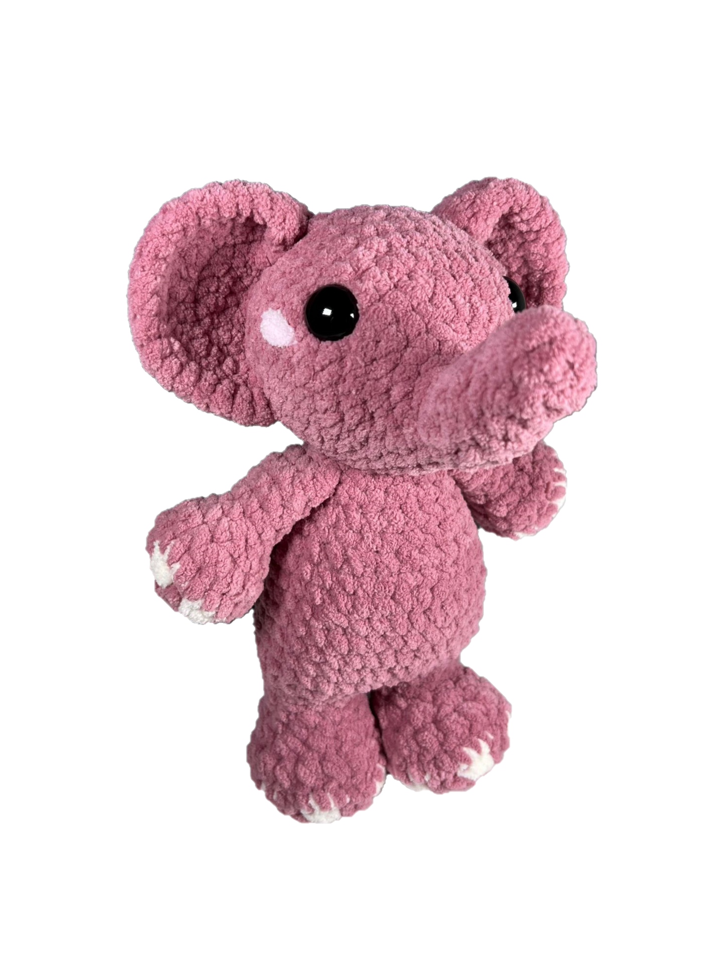 Pink crochet elephant standing on its two hind legs.