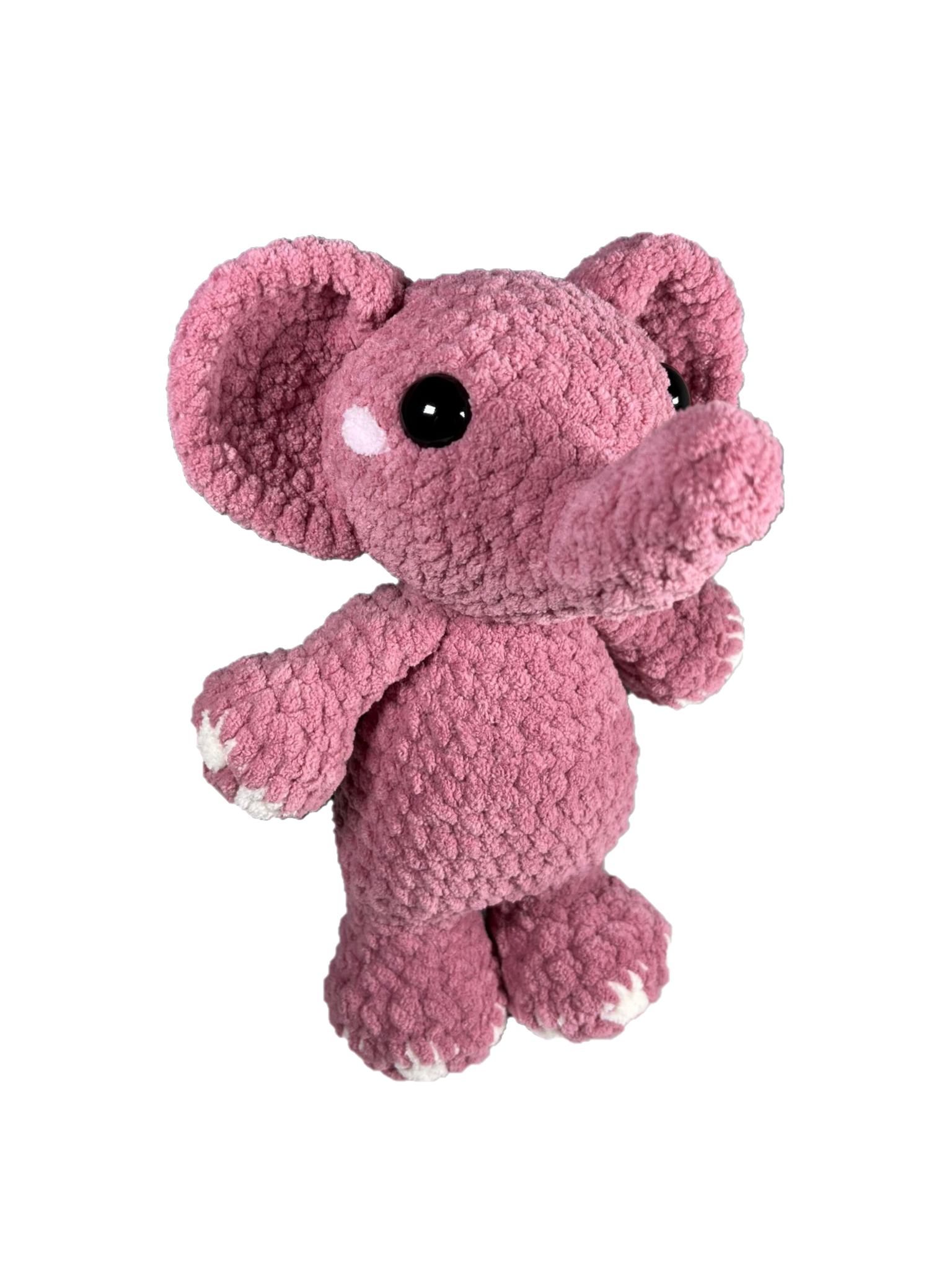 Pink crochet elephant standing on its two hind legs.