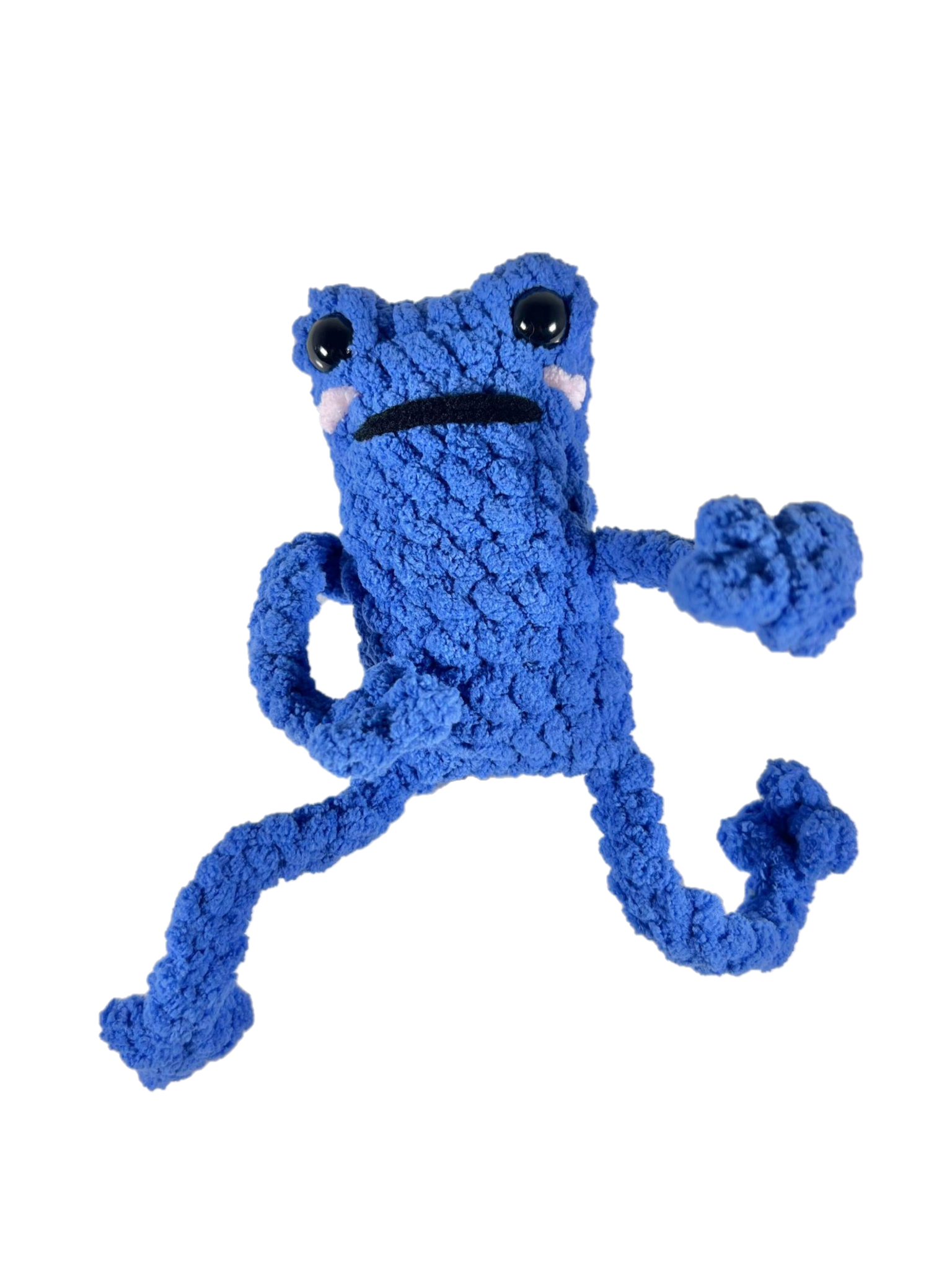 Blue crochet frog with long limbs in funny fighting pose.