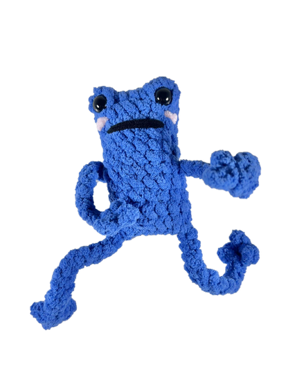 Blue crochet frog with long limbs in funny fighting pose.