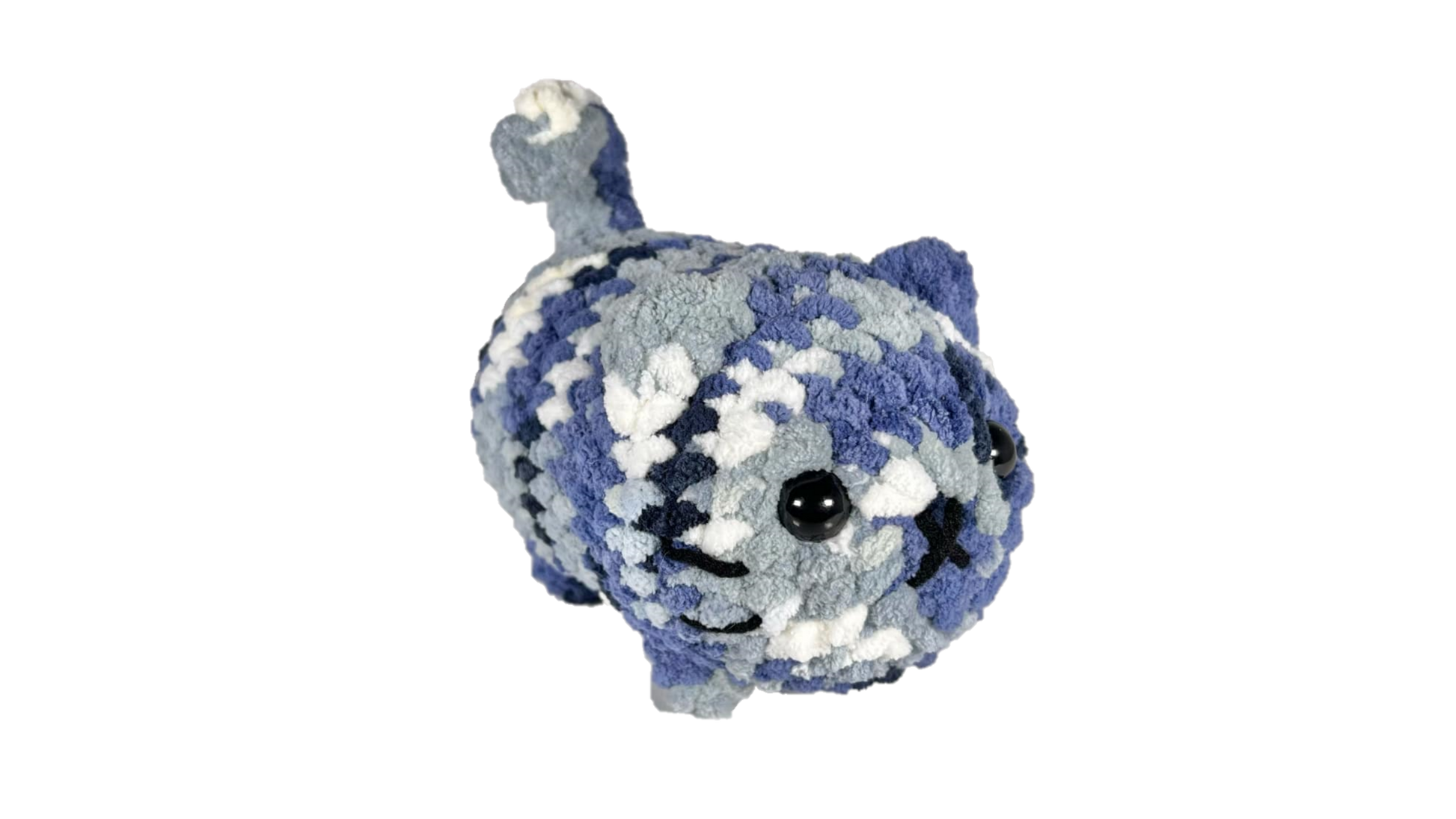 Blue and white mixed color crochet loaf cat plushie.