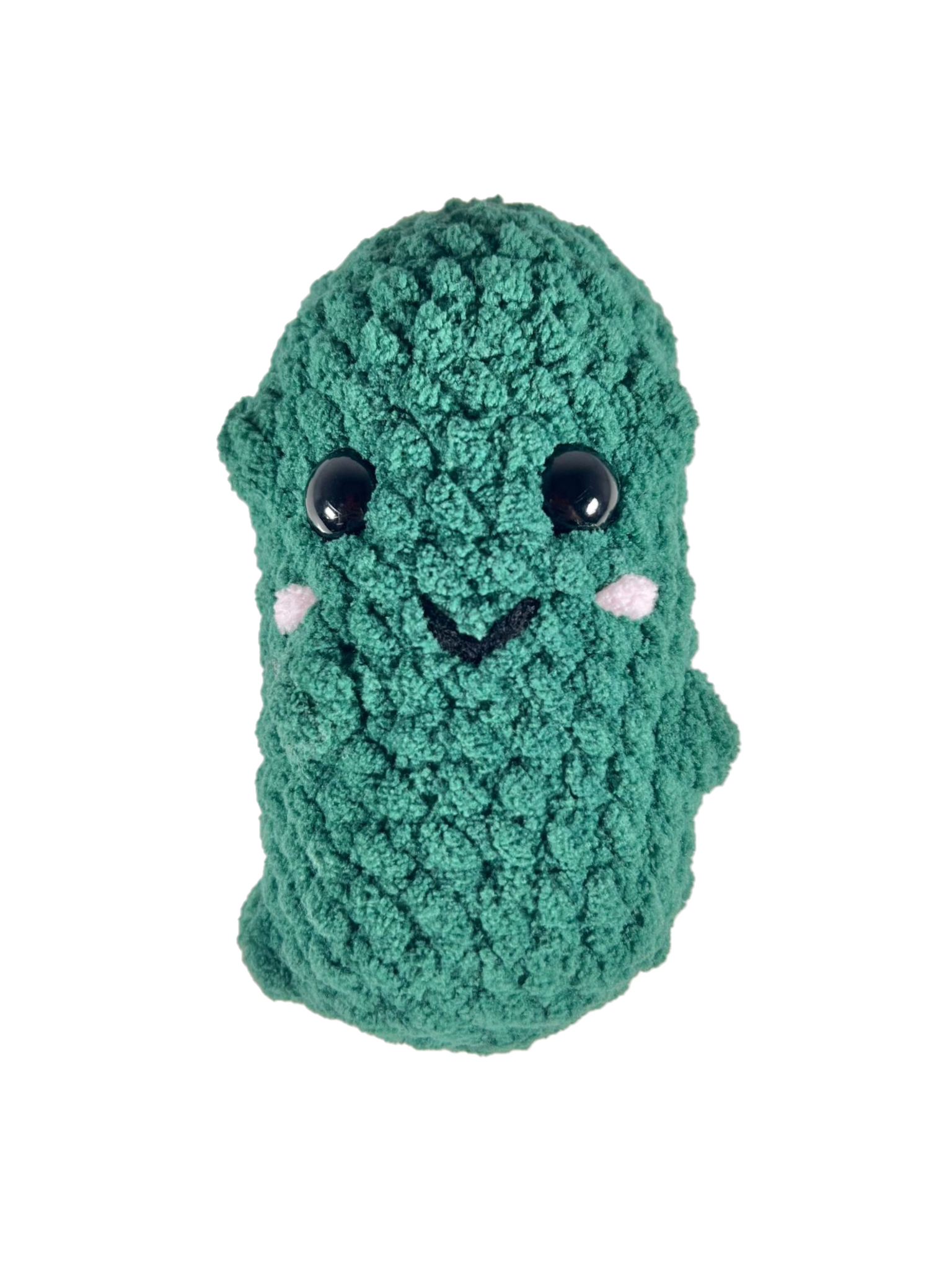 Crochet pickle plushie facing forward.