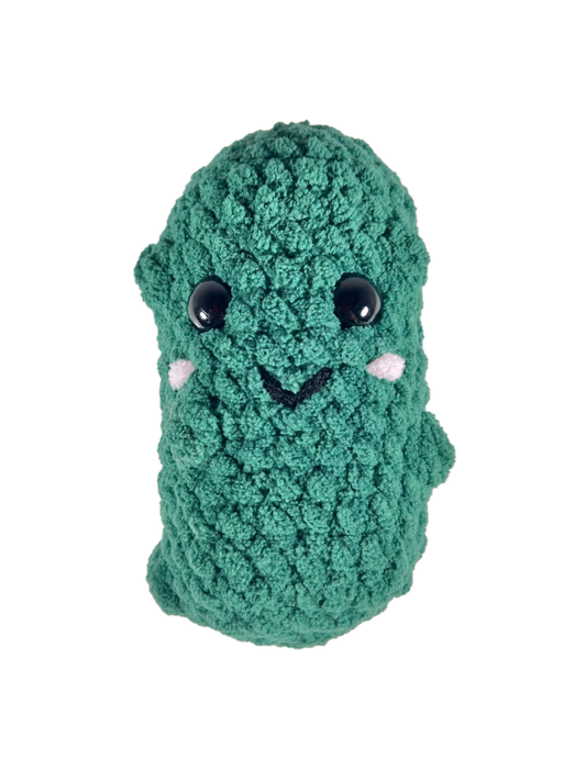 Crochet pickle plushie facing forward.