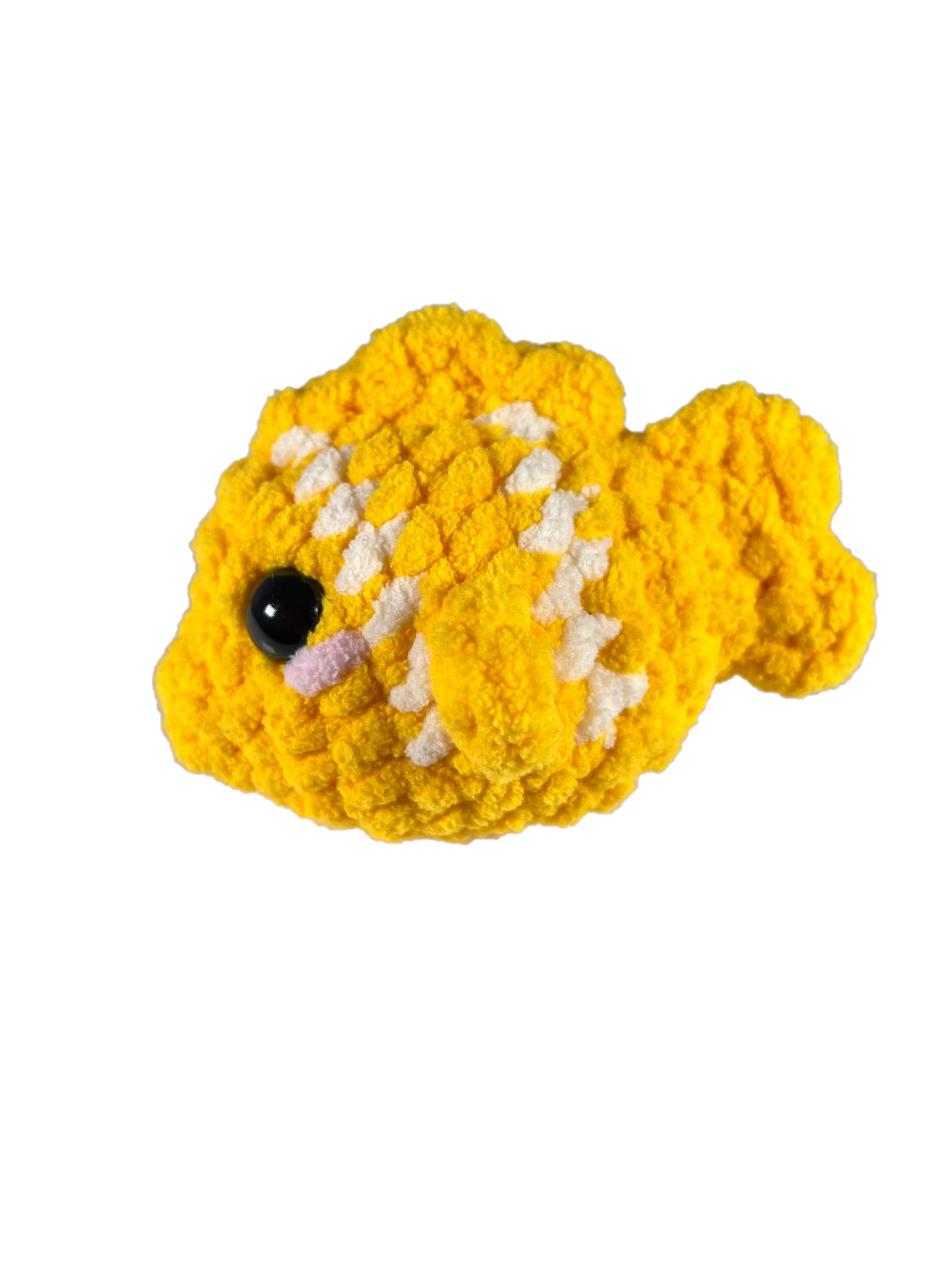 Yellow crochet fish plushie with 2 white stripes facing left.