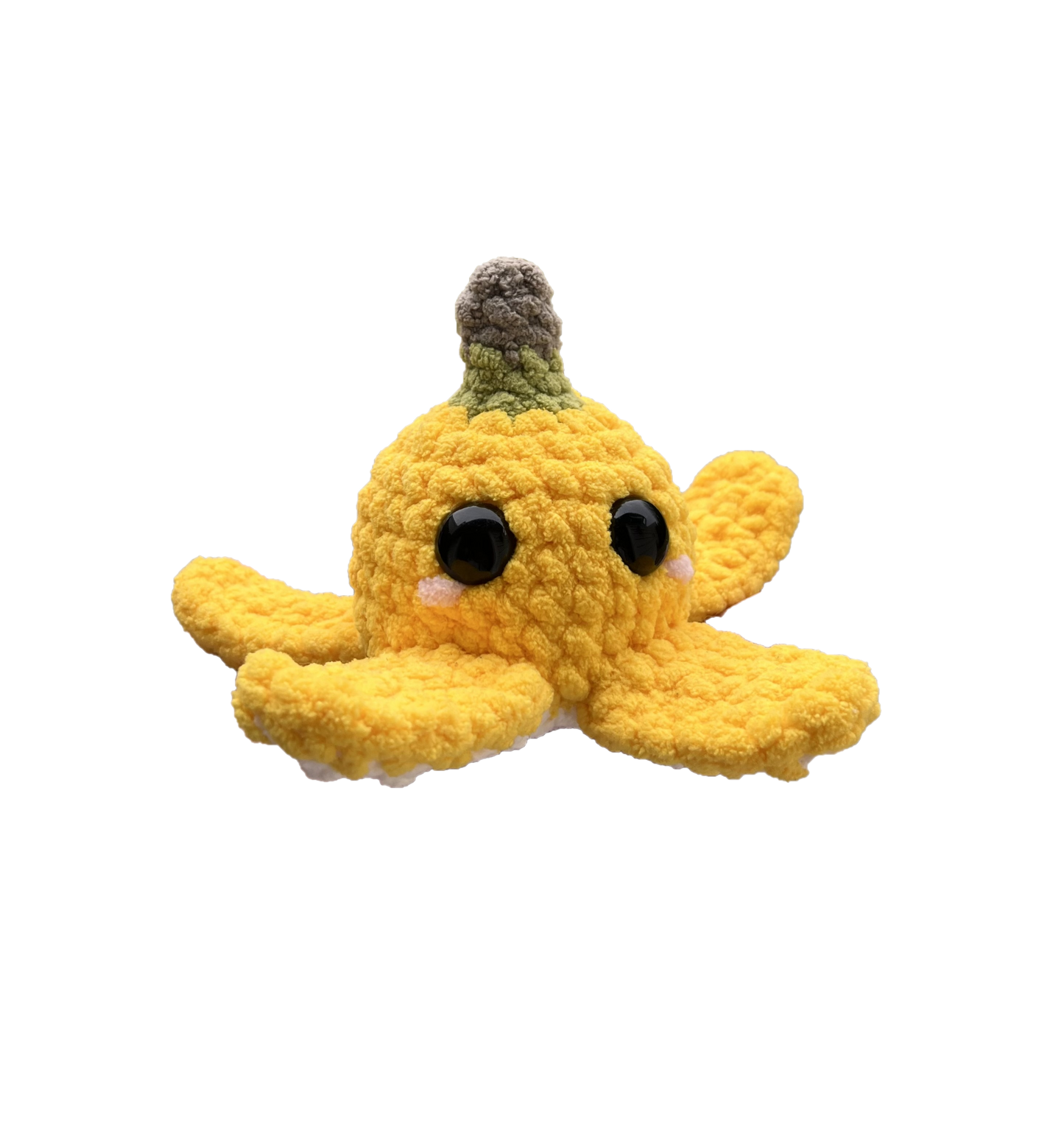 Yellow plush octopus banana peel toy on a white background